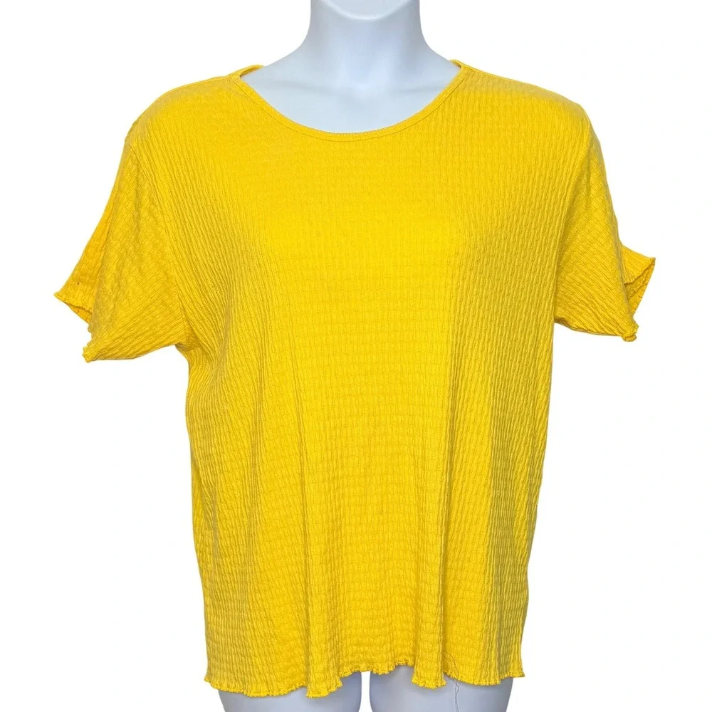 AK America Textured Ribbed Top Women 22/24 Yellow Lettuce Edge Trim Work Casual - Picture 1 of 7